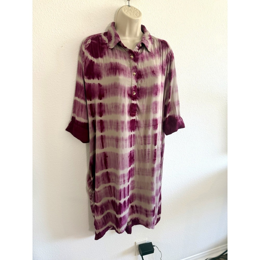 The Odells Dress Sz S Purple Tie Dye Midi Shirtdress Button‎ Up Collared Relaxed - Picture 3 of 8